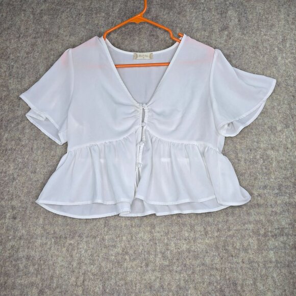 Altard State Womens Ruffled Peplum V-Neck Blouse White Short Sleeve Medium - Picture 1 of 7